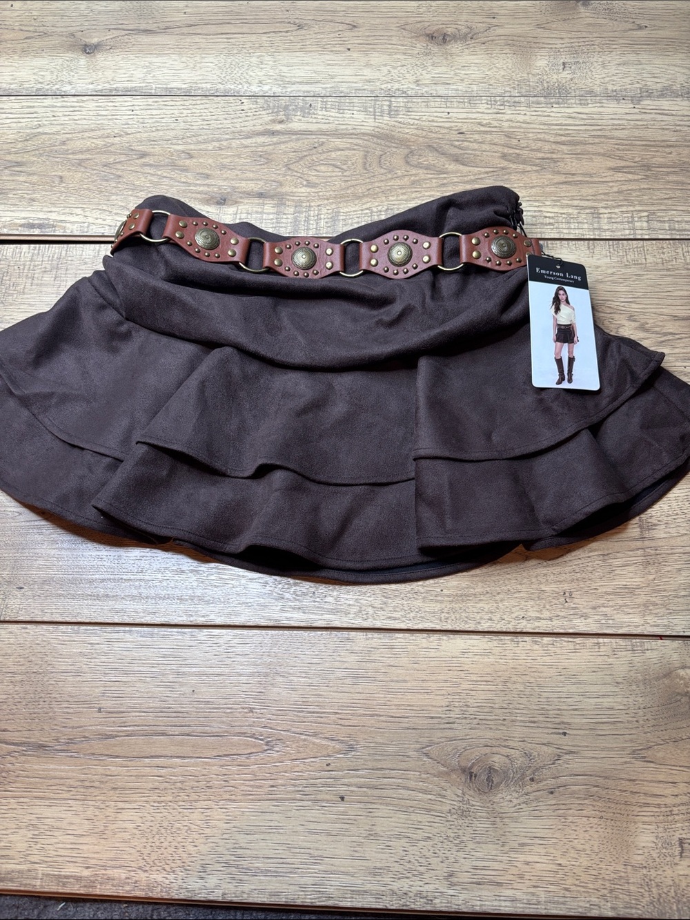 Women’s Emerson Lang TieredBrown Ruffled Mini Skort with Studded Belt Size L-NWT